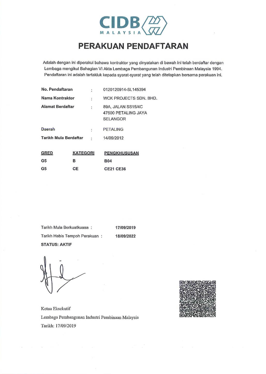 WCK Projects Sdn Bhd CIDB Certificate